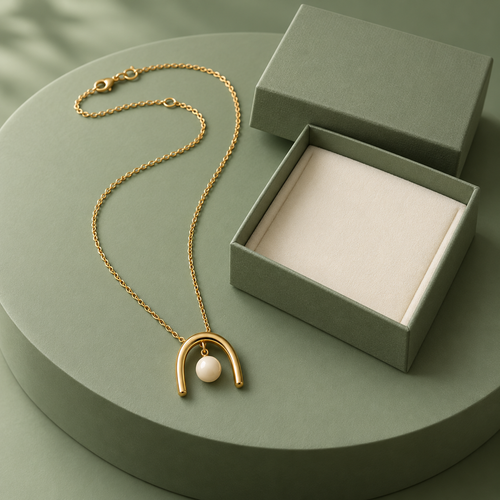 Gold-Tone Arch Necklace with Cream-Colored Center Bead