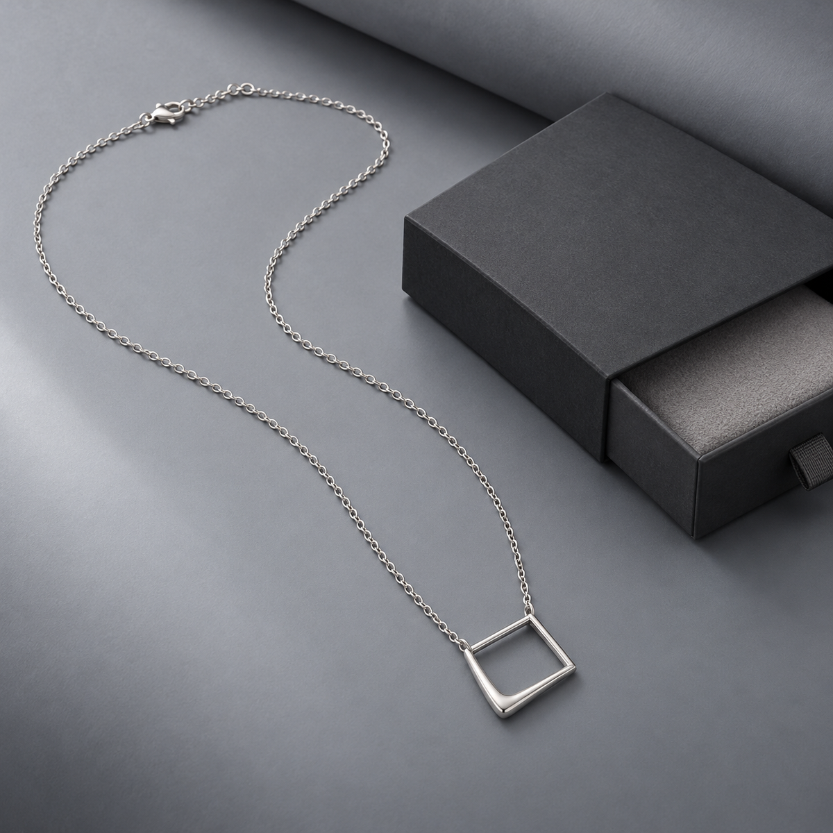 Silver-Tone Offset Square Necklace with Rounded Open Frame