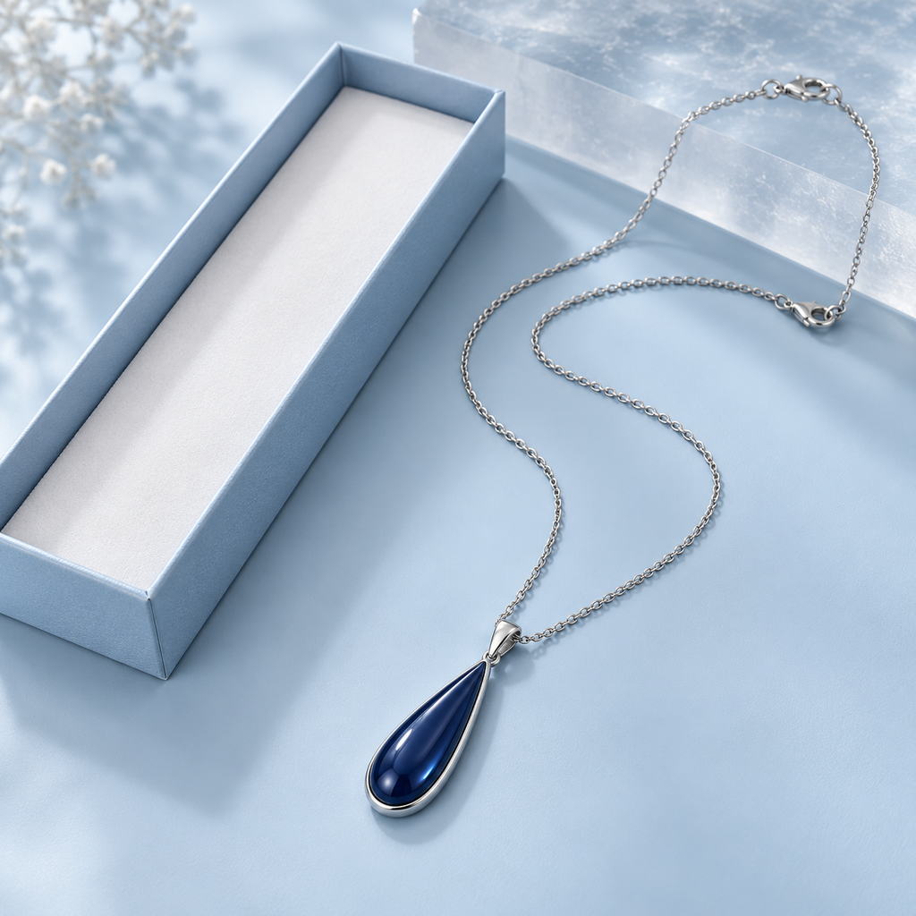 Deep Blue Teardrop Necklace with Slim Silver-Tone Outline