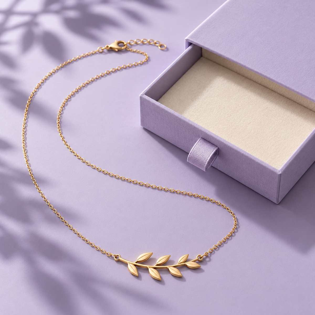 Gold-Tone Branch Necklace with Seven Pointed Leaf Silhouettes