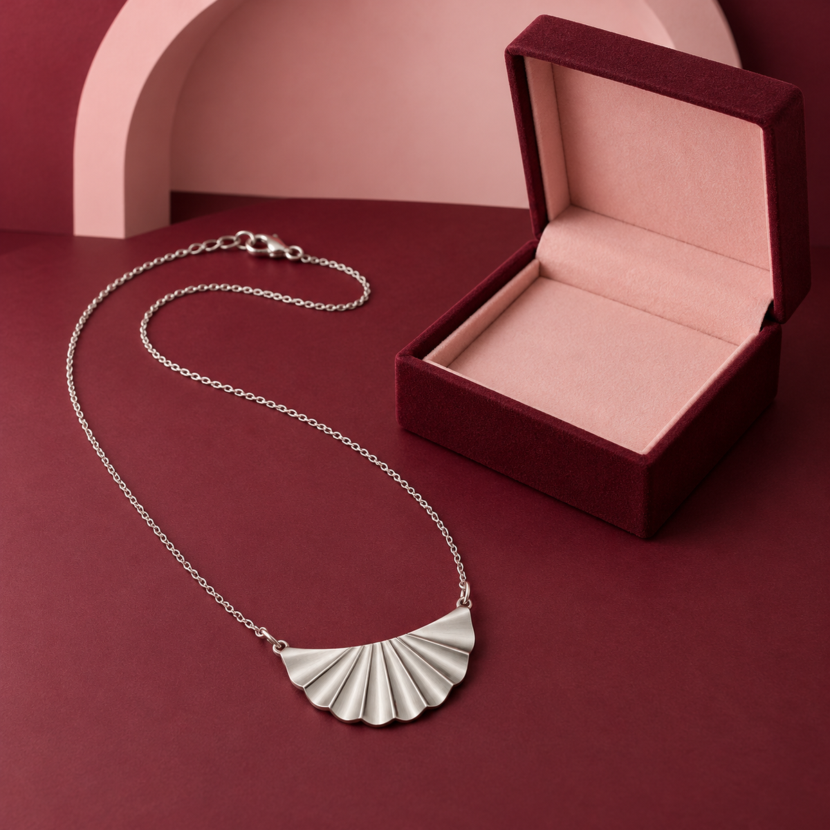 Silver-Tone Pleated Fan Necklace with Scalloped Pendant