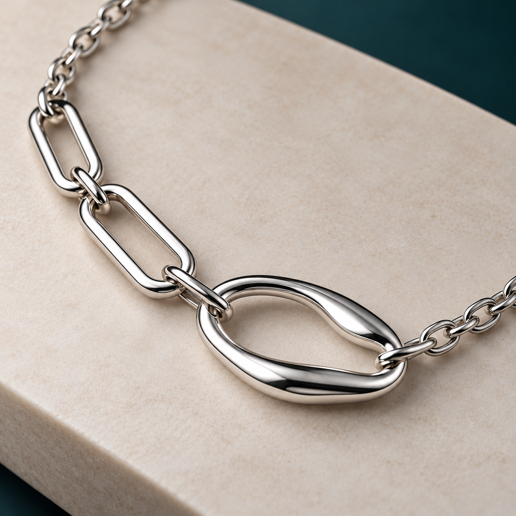 Silver-Tone Asymmetric Necklace with Sculptural Mixed Links