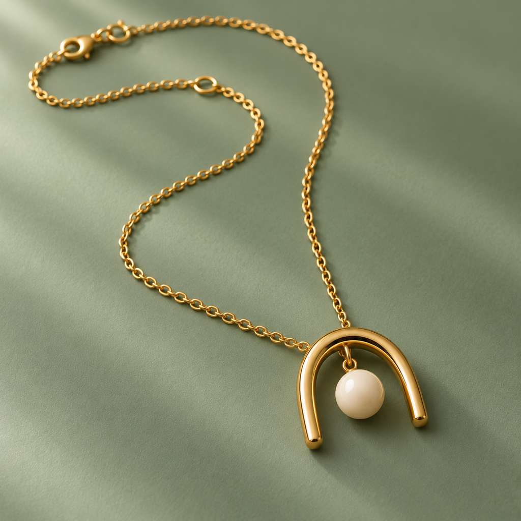 Gold-Tone Arch Necklace with Cream-Colored Center Bead