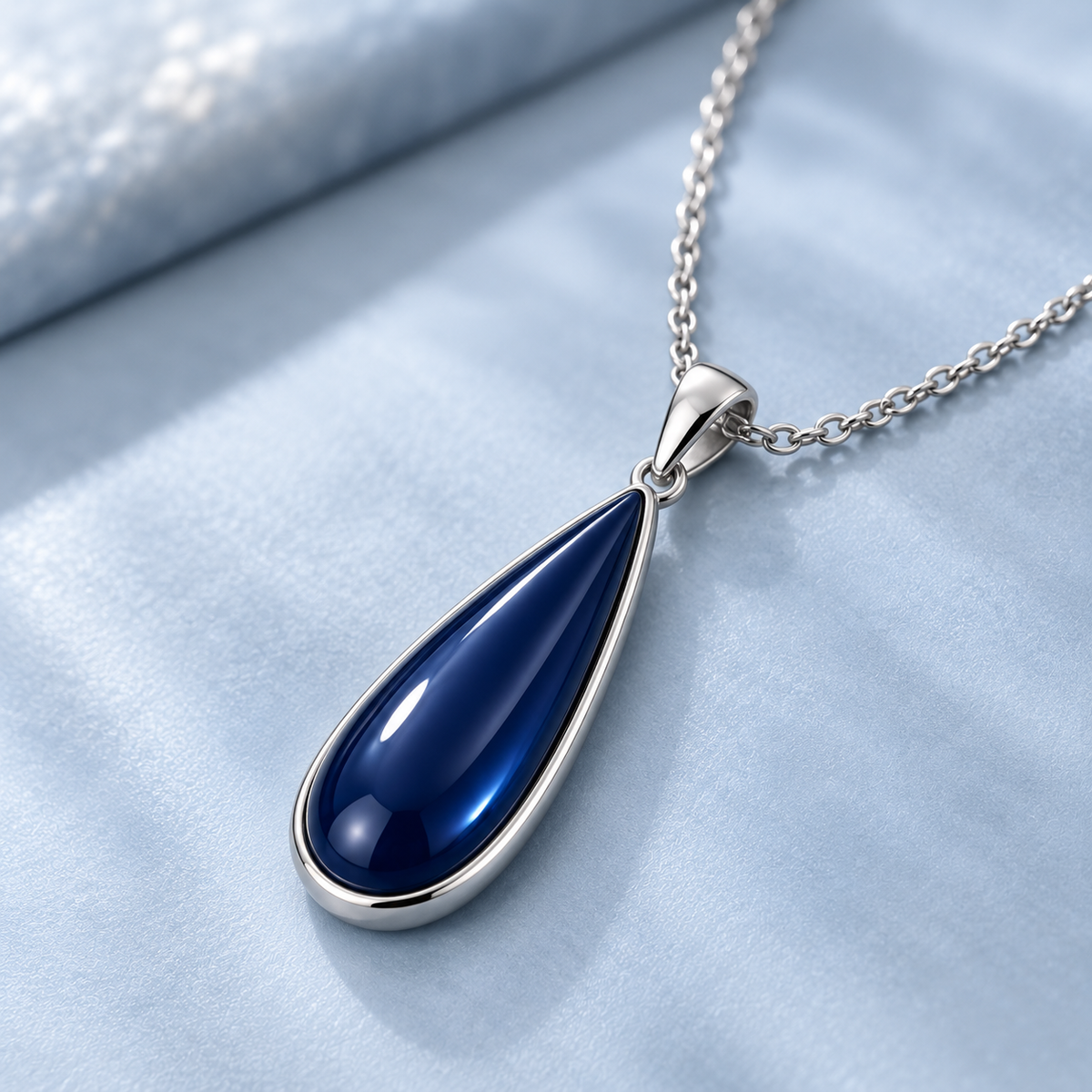 Deep Blue Teardrop Necklace with Slim Silver-Tone Outline