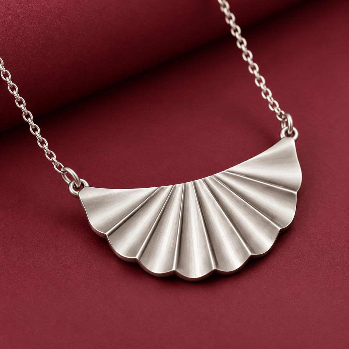 Silver-Tone Pleated Fan Necklace with Scalloped Pendant