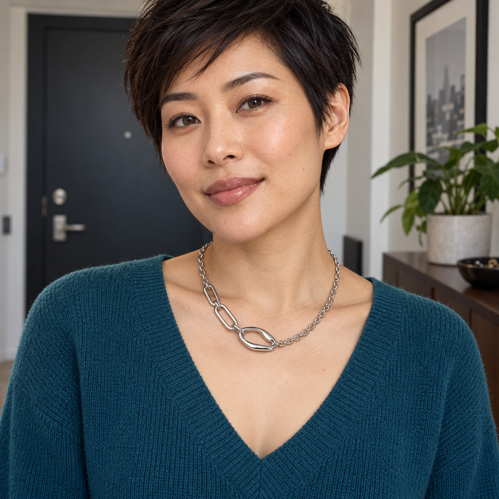 Silver-Tone Asymmetric Necklace with Sculptural Mixed Links