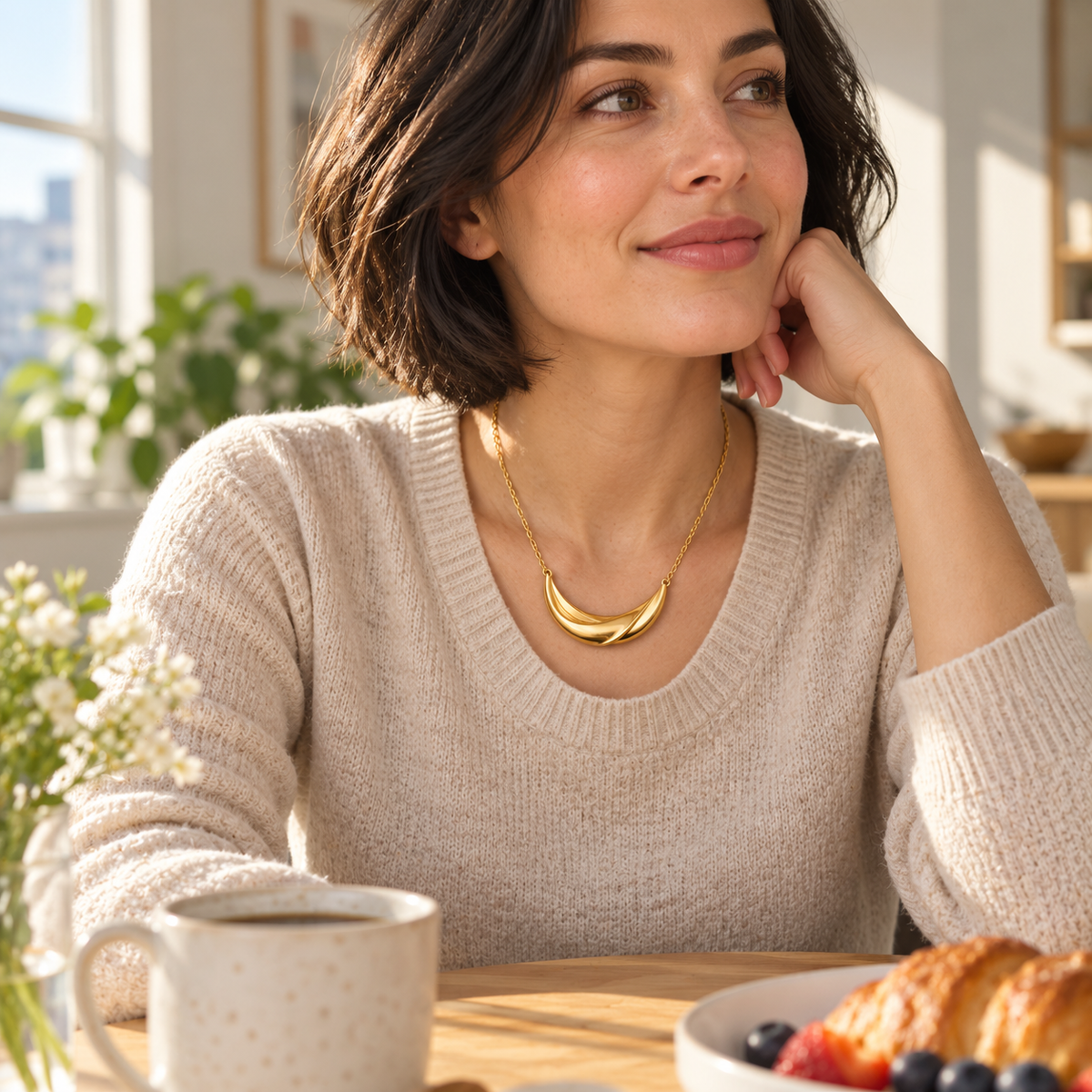 Gold-Tone Twisted Crescent Necklace with Sculptural Ribbon Pendant