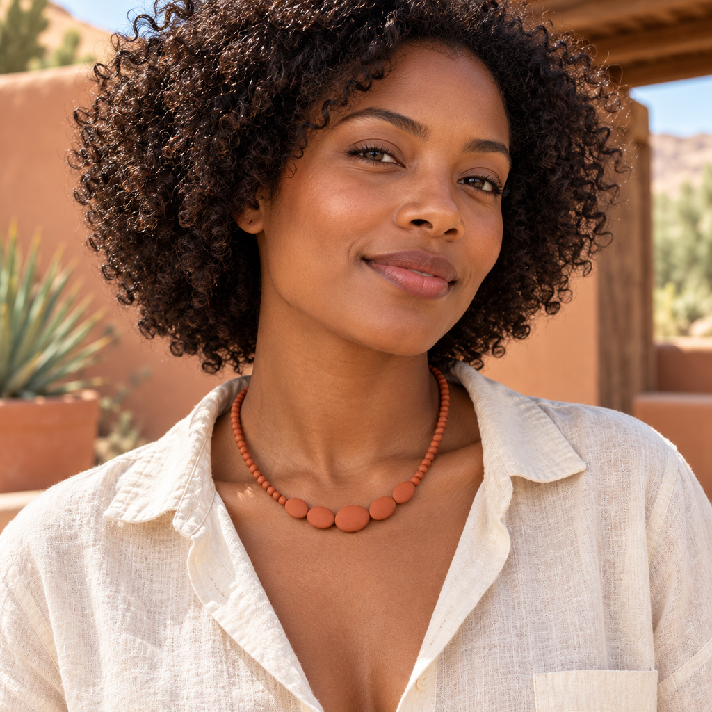 Terracotta-Colored Bead Necklace with Graduated Oval Center