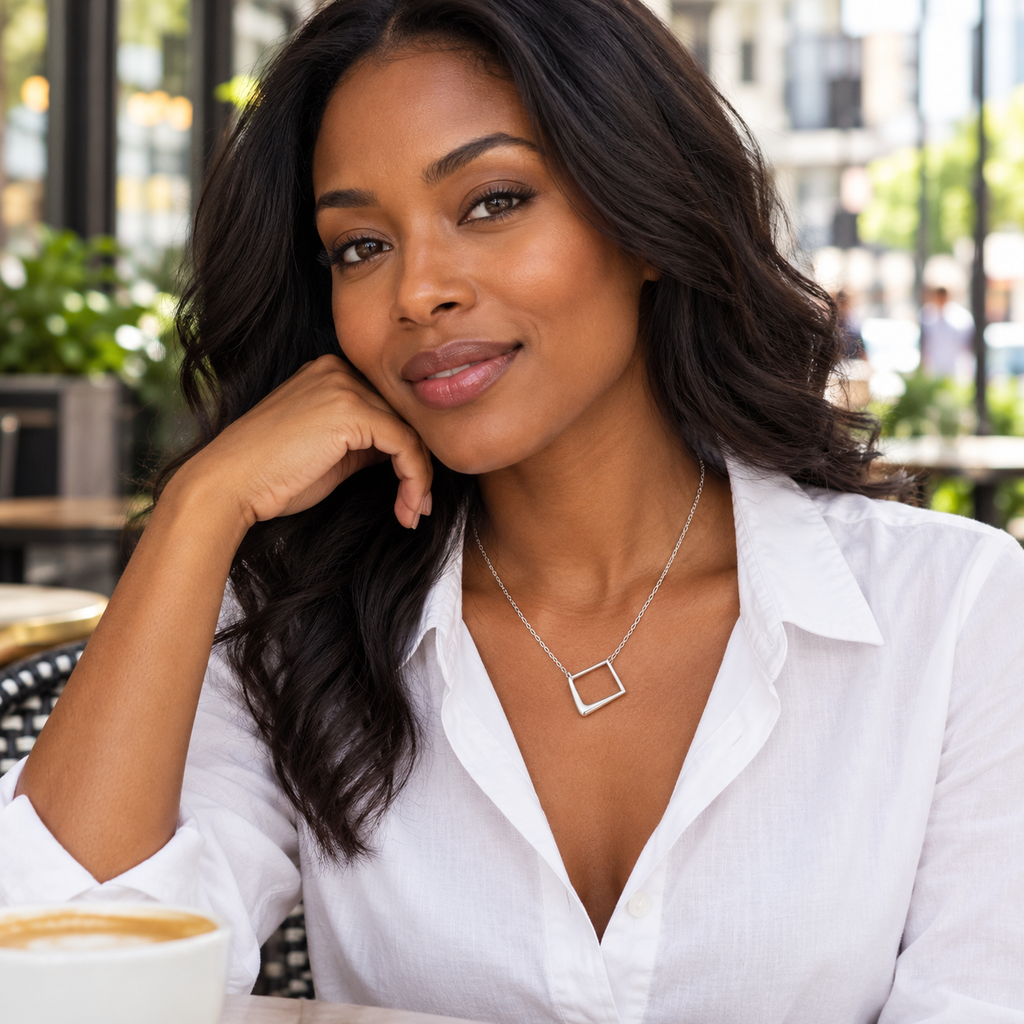 Silver-Tone Offset Square Necklace with Rounded Open Frame