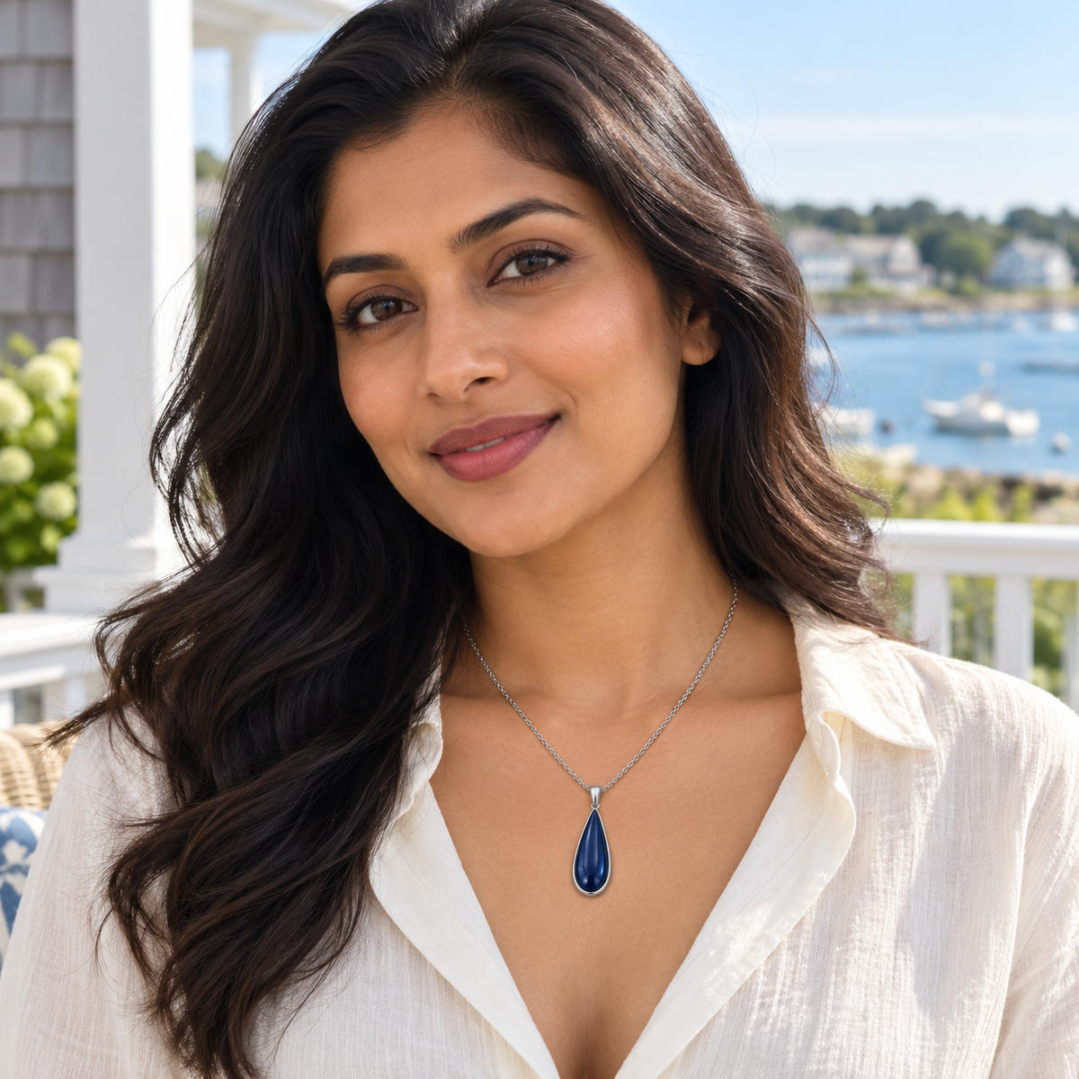 Deep Blue Teardrop Necklace with Slim Silver-Tone Outline